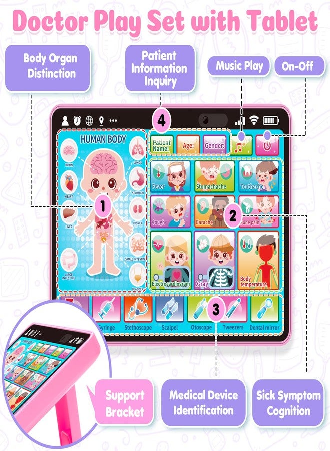 BainGesk Doctor Kit for Girls 1 Years Old, Doctor Tablet with Music & Sound, Pretend Play Doctor Set with Stethoscope, Doctor Dress Up Gifts for Kids Toddlers Ages 1, 2, 3 Years Old - Image 3
